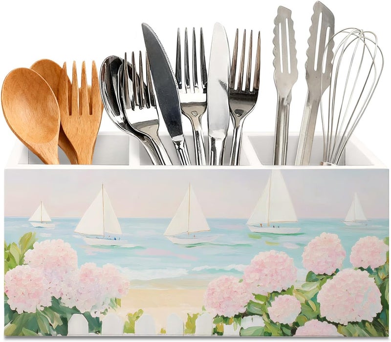 KBRCT Pastel Pink Coastal Hydrangeas Wooden Utensils Holder, Aesthetic Beach Nautical Sailboat Seascape Wood Cooking Utensil Holder Organizer for Kitchen Countertop Counter Decor Accessories - Image 1